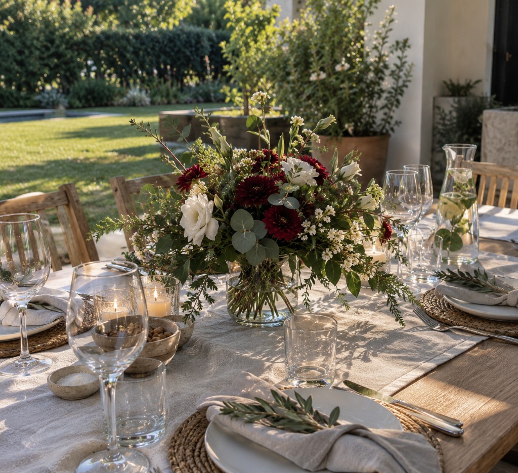 Centro de mesa de Navidad con flores blancas, bordó y verdes naturales para una celebración de verano