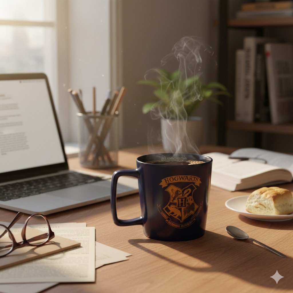 Caneca oficial de Hogwarts azul marinho com brasão dourado, contendo café quente fumegante. A caneca está sobre uma mesa de trabalho com notebook, óculos de grau, documentos e um pão doce para o café da tarde.