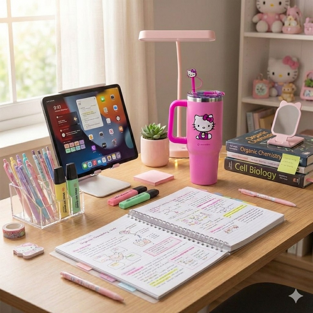 Copo rosa estilo quencher com estampa da Hello Kitty e detalhe no canudo, posicionado em uma mesa de madeira. Ao redor, materiais de papelaria fofos, um tablet em um suporte e livros de química orgânica em um ambiente iluminado e organizado.