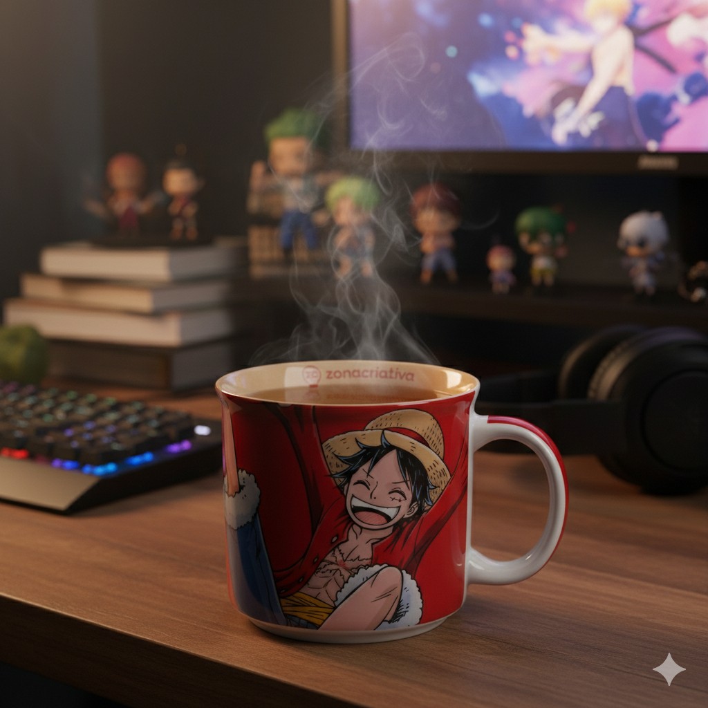 Close-up de uma caneca de cerâmica com estampa do Luffy sorrindo. A caneca está cheia de uma bebida quente que desprende vapor. O cenário é um setup gamer com iluminação suave, destacando periféricos de computador e bonecos de anime.