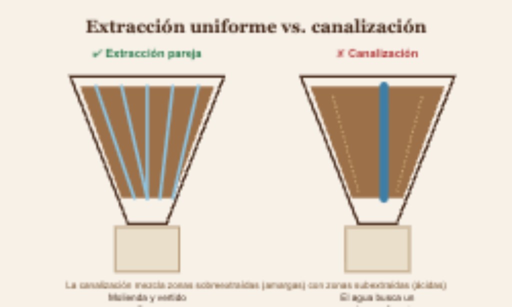 Diferencia entre extracci&oacute;n uniforme y canalizaci&oacute;n al preparar caf&eacute; filtrado
