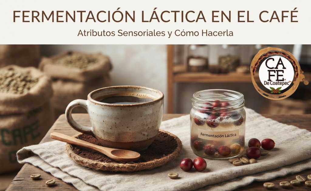 Muestra una taza de café artesanal y un frasco de vidrio con cerezas de café en proceso de fermentación láctica sobre una tela de lino. Título visible: 'Fermentación láctica en el café - Atributos sensoriales y cómo hacerla'.