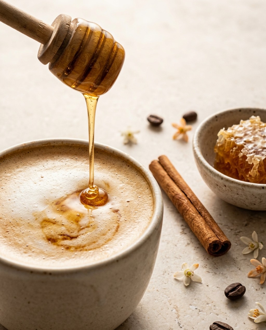 Honey latte con miel y canela preparado con café de Coatepec