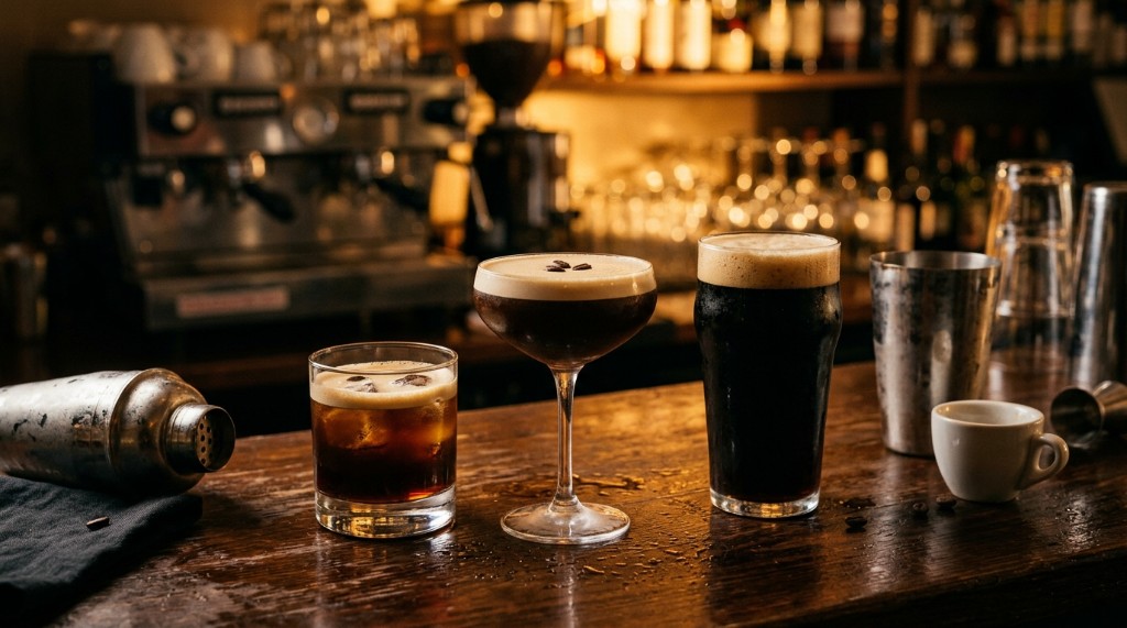 Carajillo, espresso martini y cerveza porter con café servidos en barra