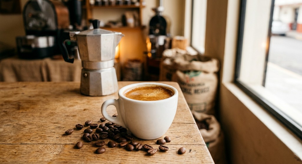 Tueste expresscafé medio-oscuro esparcidos alrededor, una cafetera italiana