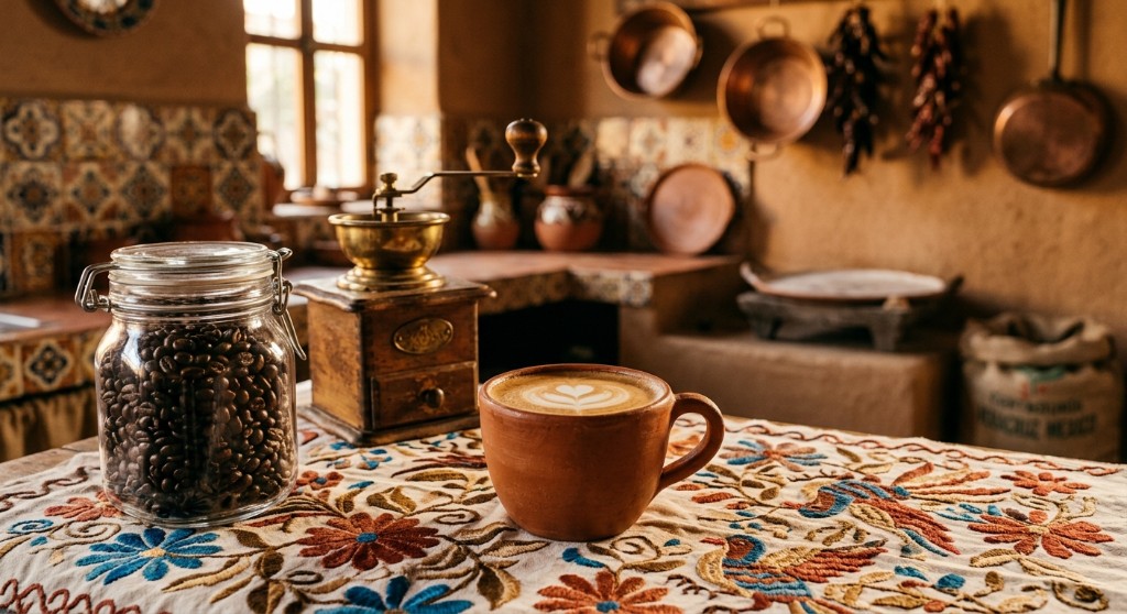 Fotografía de un café con leche en taza de barro sobre mantel de manta bordado, junto a un frasco de vidrio con granos de café tostado oscuro y brillante y un pequeño molino manual de madera, fondo de cocina mexicana tradicional desenfocada, luz natural cálida de tarde, ambiente hogareño y auténtico, paleta café oscuro, crema y terracota, sin texto ni logotipos, alta resolución.