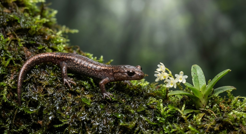 primer plano macro de una salamandra diminuta sobre musgo húmedo, junto a una orquídea pequeña. Representa la fauna frágil y única del bosque. Es una imagen ilustrativa: no pretende mostrar una especie exacta.
