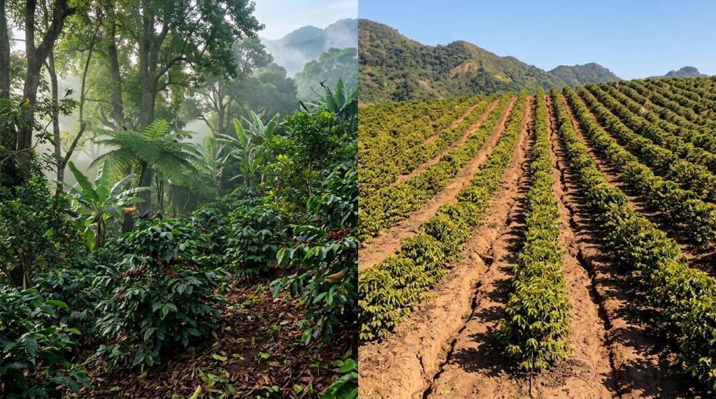 imagen dividida en dos mitades: a la izquierda un cafetal bajo árboles diversos con suelo cubierto de hojarasca; a la derecha un monocultivo a pleno sol con suelo desnudo y erosionado. Explica visualmente la tabla.