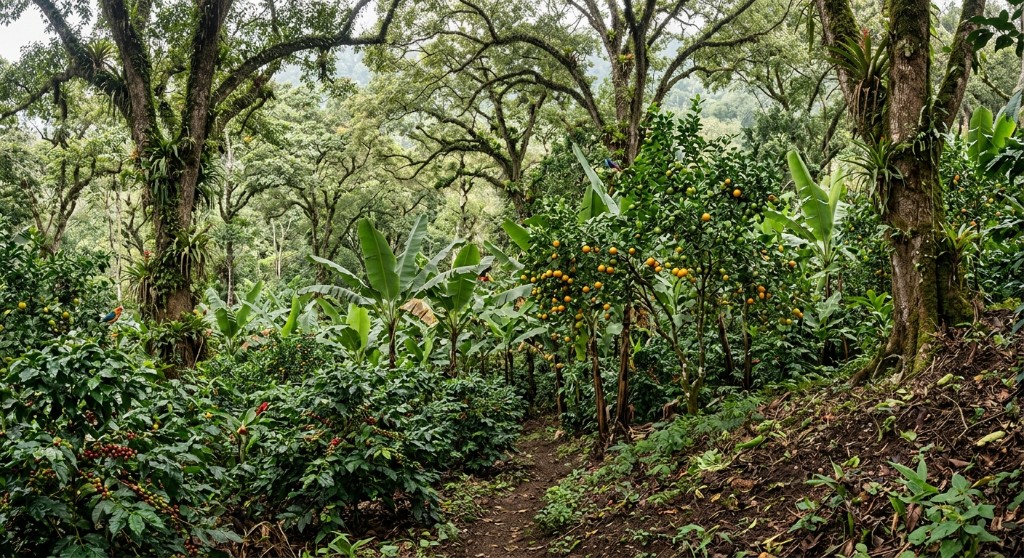 vista interior de un policultivo tradicional veracruzano, con capas de vegetación: café abajo, plátano y cítricos en medio, árboles grandes arriba. Muestra que un cafetal puede ser casi un bosque.