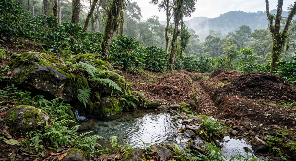 un pequeño manantial de agua cristalina brotando entre piedras y helechos, al lado de un cafetal con zanjas en curvas de nivel. Cuenta la historia del agua que volvió.