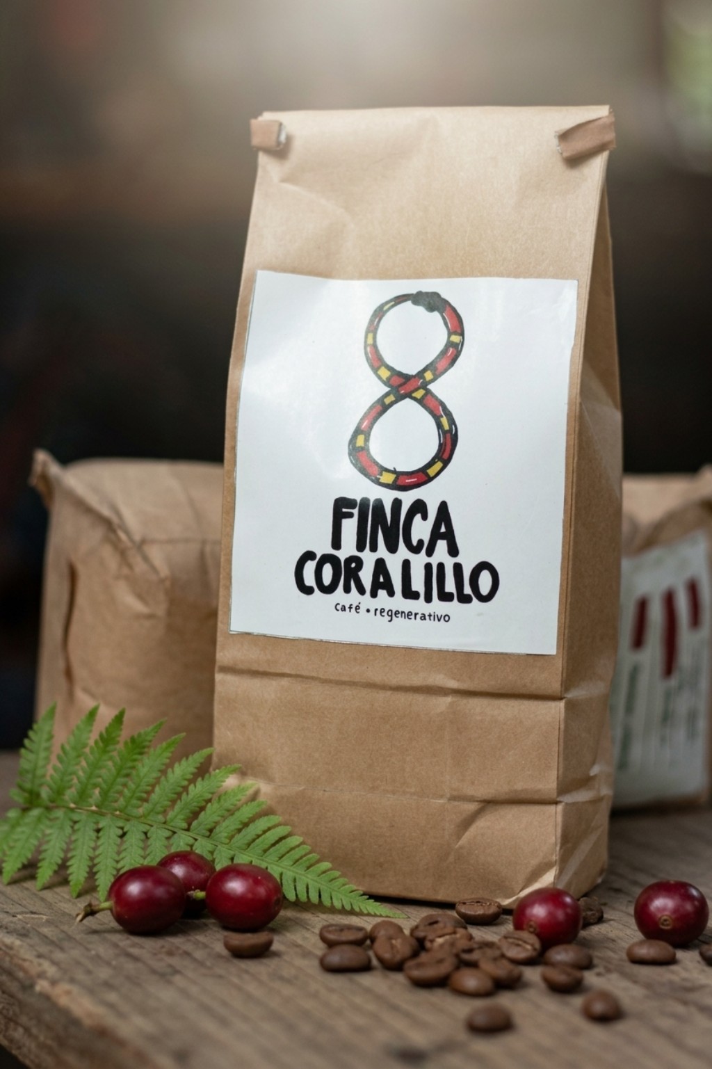 taza de café filtrado sobre madera, con granos de tueste medio, cerezas de café y una hoja de helecho, con un fondo desenfocado de bosque con neblina. Conecta la taza con el origen.