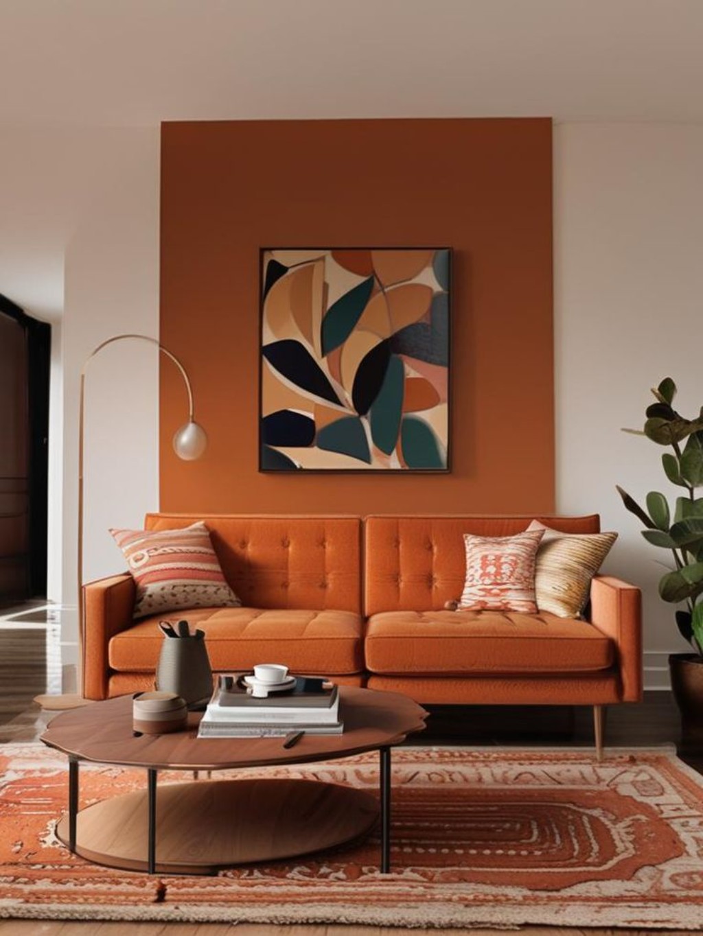 sala de estar com sofa laranja e quadro colorido