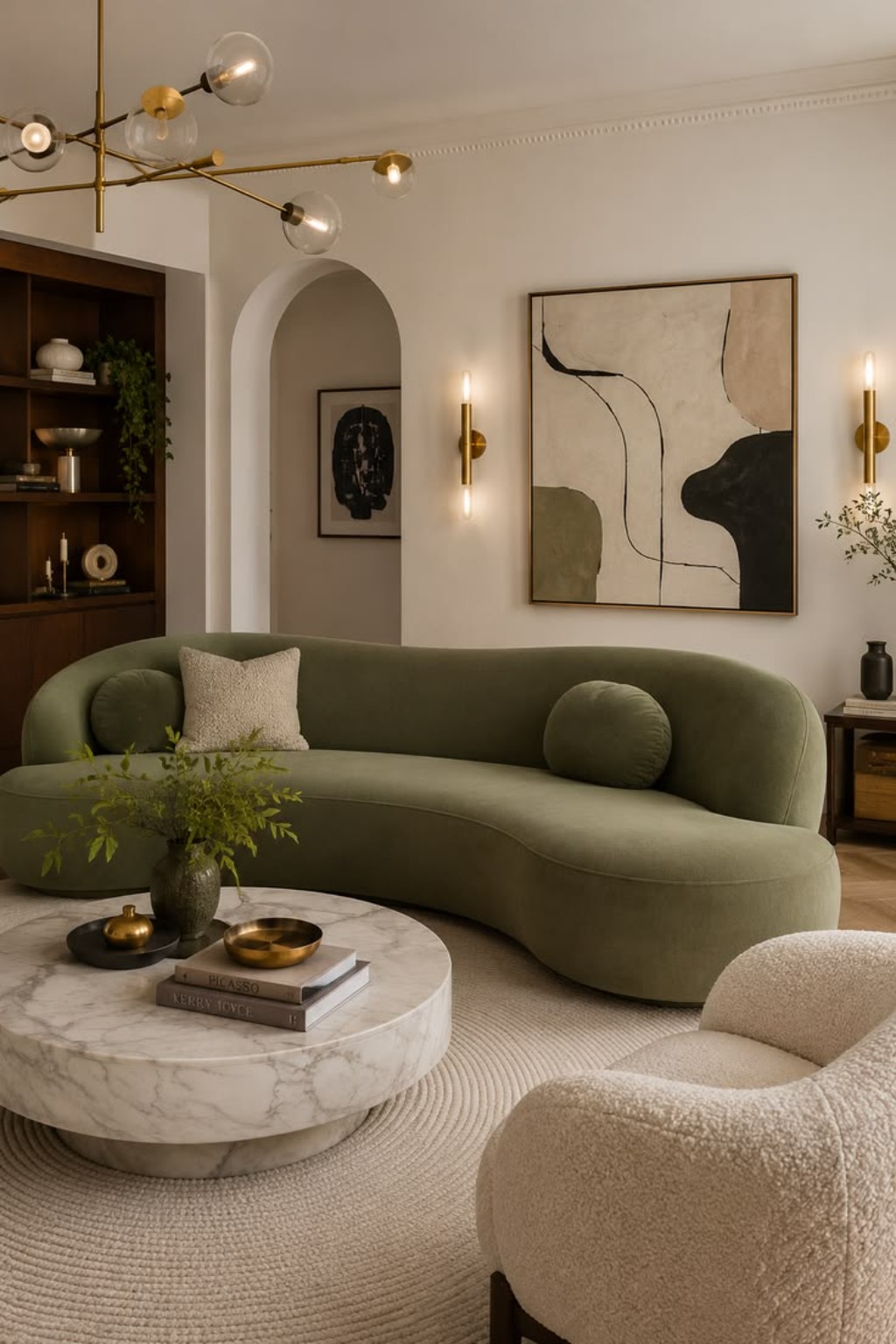 sofa moderno organico com quadro abstrato