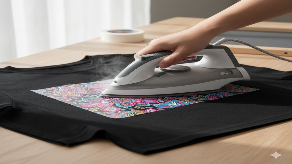 Close-up de um ferro de passar sendo pressionado sobre uma estampa de transfer em uma camiseta branca.