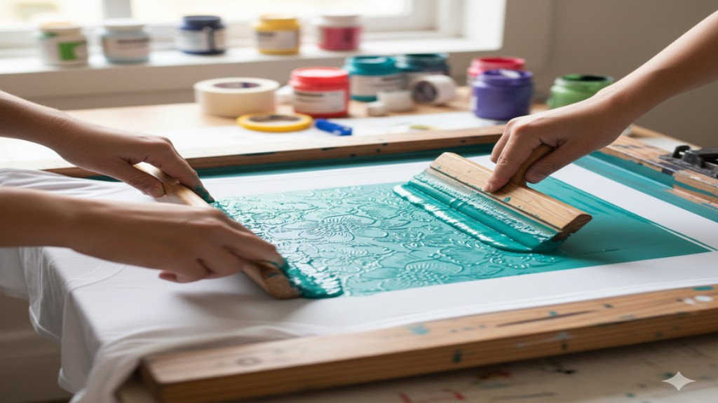 Mão aplicando tinta com rodo através de uma tela de serigrafia artesanal na camiseta.