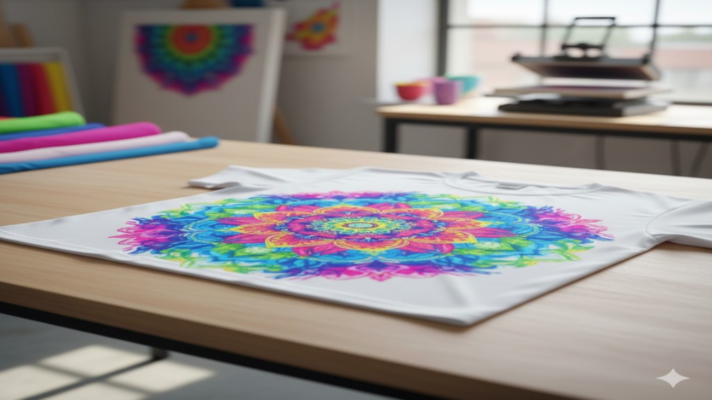 Camiseta de poliéster com uma estampa finalizada e cores muito vibrantes, resultado da técnica de sublimação.