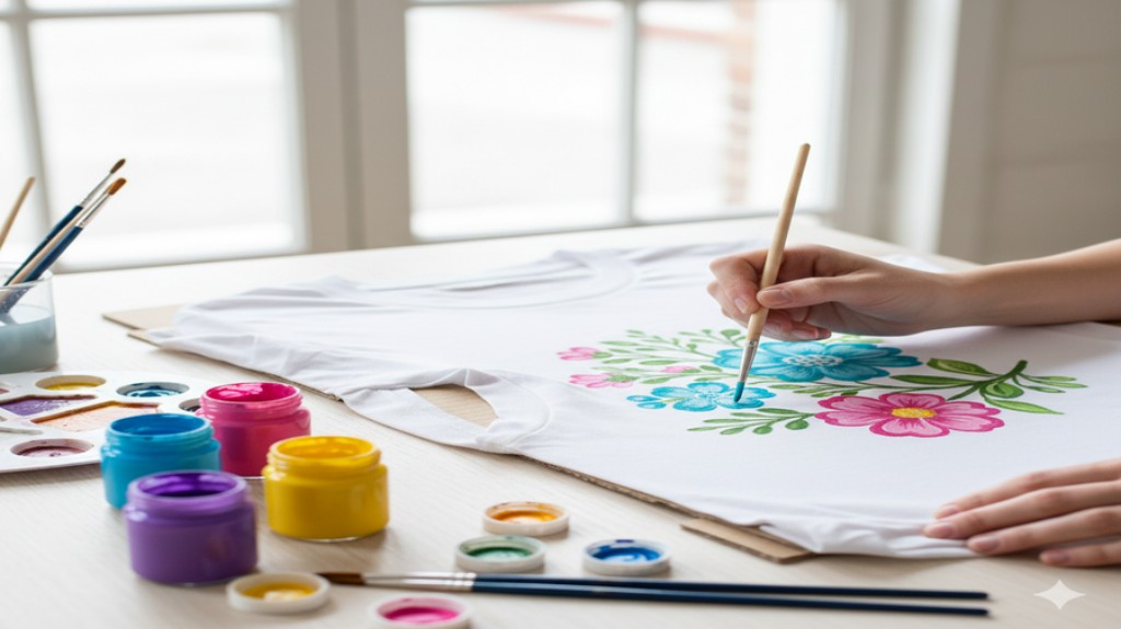 Foto de alguém pintando à mão um desenho em uma camiseta usando um pincel e tintas acrílicas para tecido.