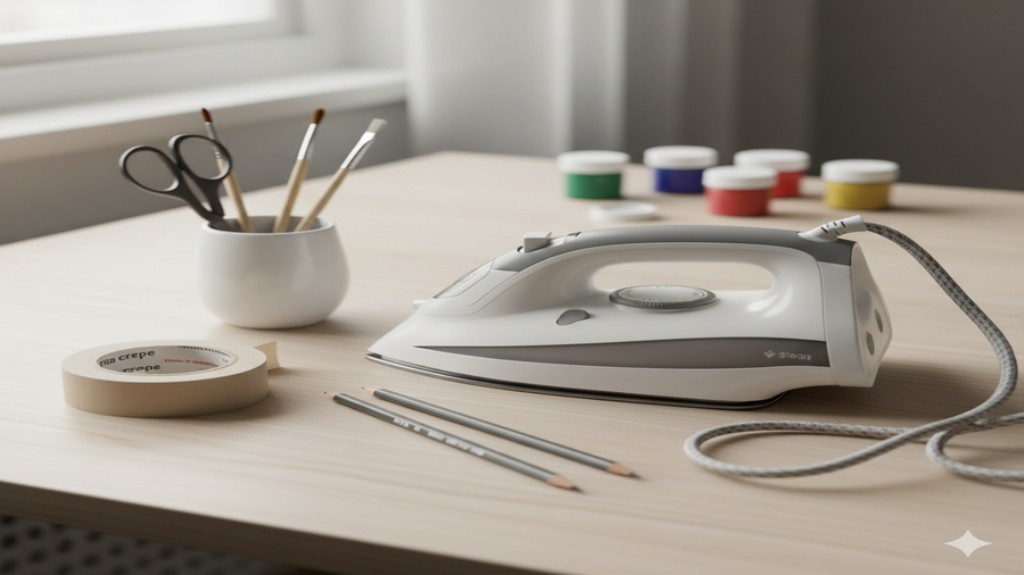 Foto de acessórios básicos para começar a estampar: fita crepe, lápis e um ferro de passar, organizados de forma limpa.
