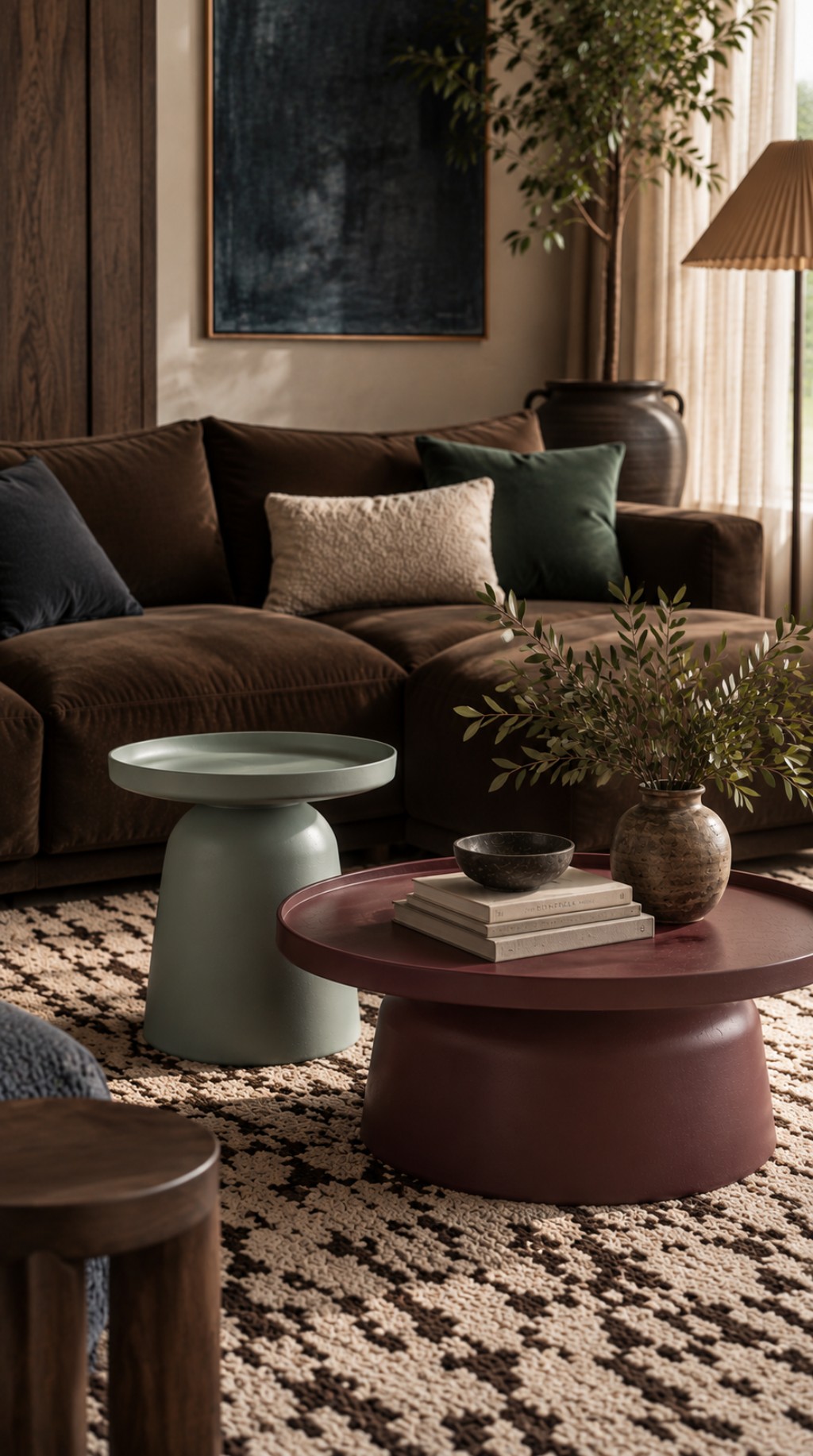 Living con mesa bordo y sillon marron