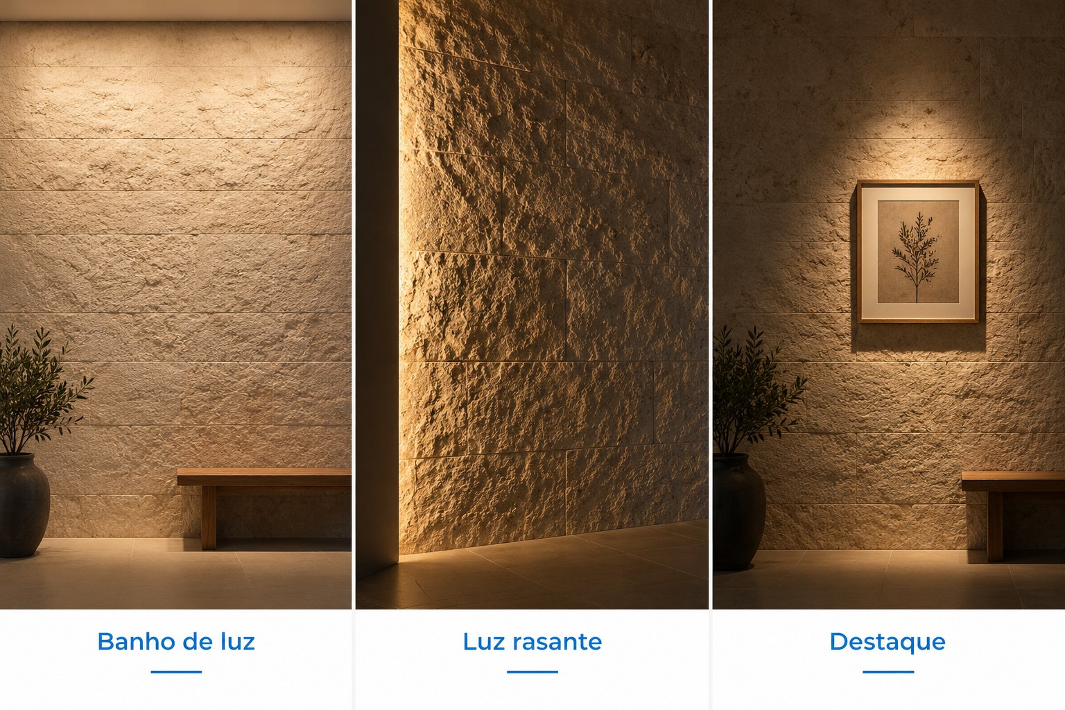 Parede de pedra com banho amplo de luz, luz rasante evidenciando relevo e spot destacando um quadro.