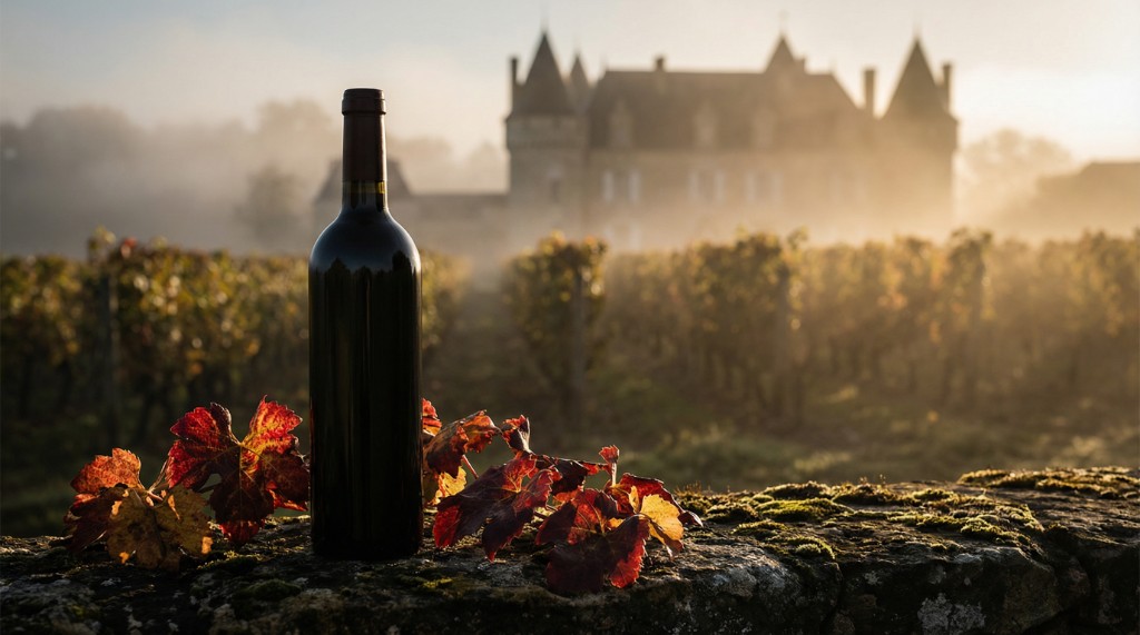 Garrafa de vinho Bordeaux sobre pedra com ch&acirc;teau envolto em n&eacute;voa ao fundo