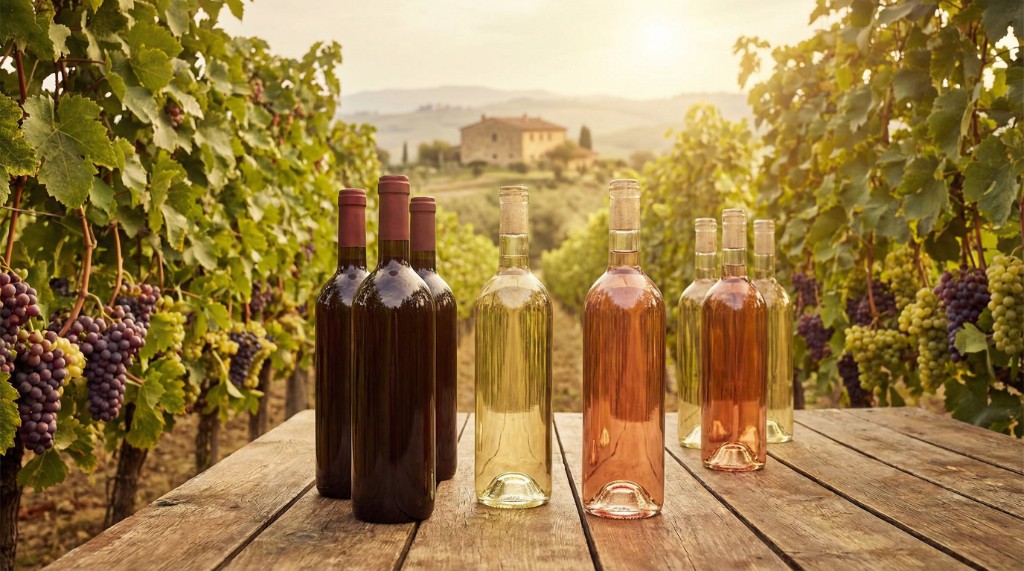 Garrafas de vinho tinto, branco e ros&eacute; em mesa de madeira entre vinhedos franceses