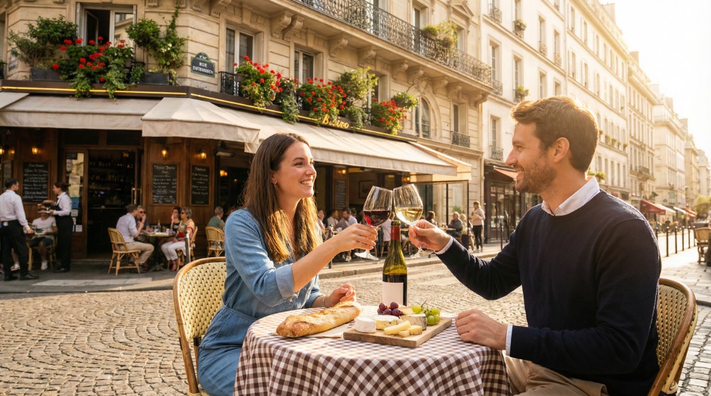 Casal brindando com vinho em bistr&ocirc; parisiense ao sol