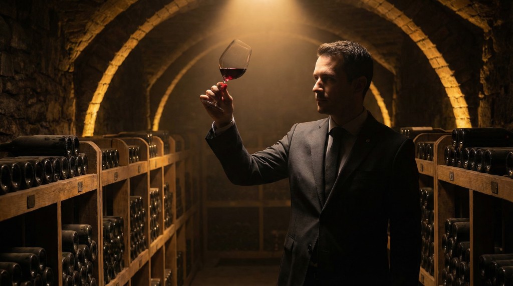 Sommelier examinando ta&ccedil;a de vinho tinto em adega de pedra