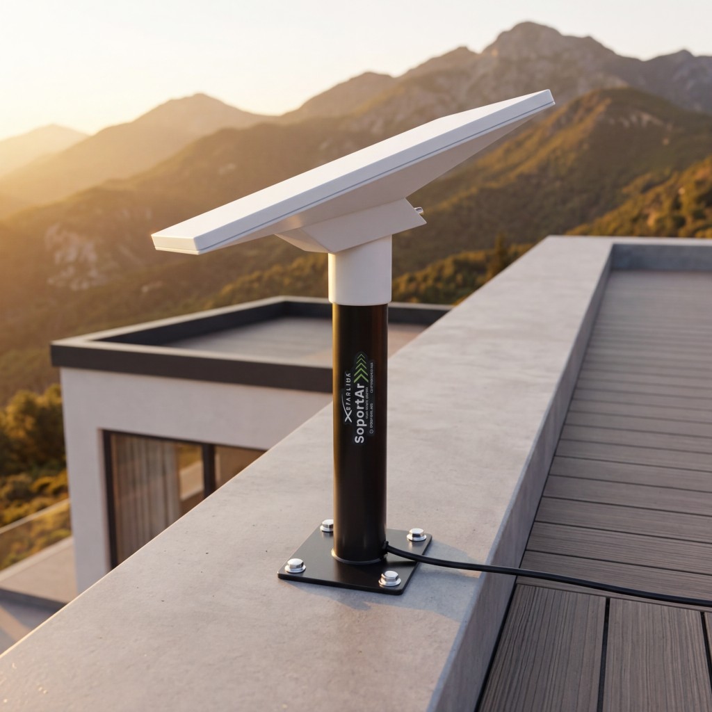 Antena Starlink Mini instalado con soporte vertical apto cornisa marca SoportAr
