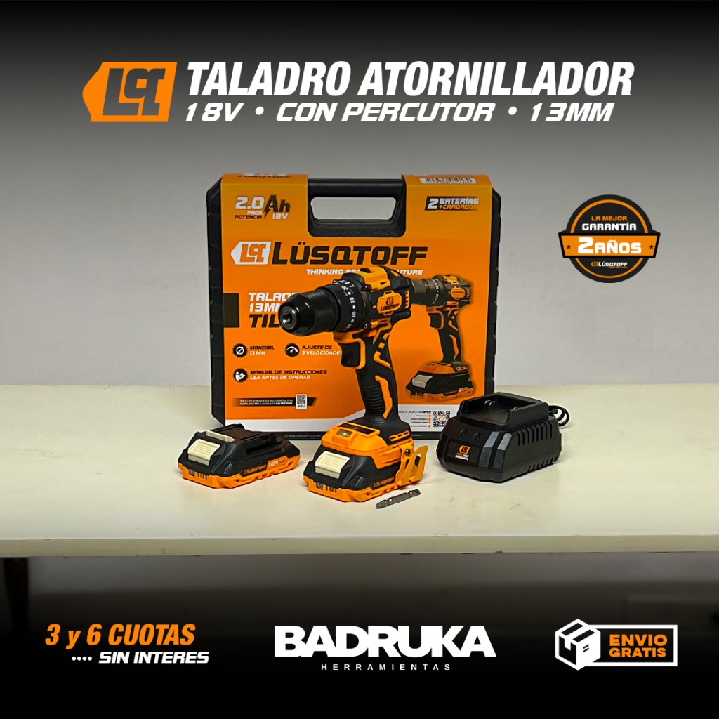 Taladro Inal&aacute;mbrico con percutor TIL45-8BK Lusqtoff 18V Brushless 45Nm