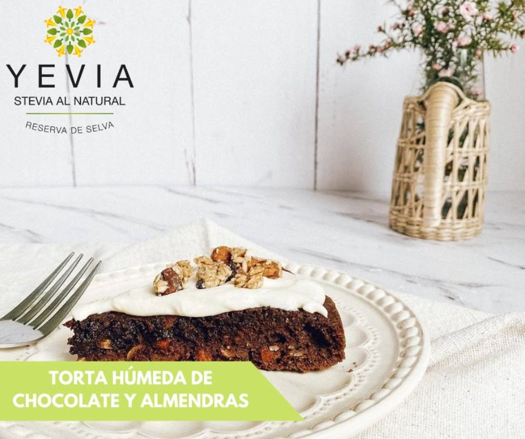 Torta h&uacute;meda de chocolate y almendras con stevia natural YEVIA
