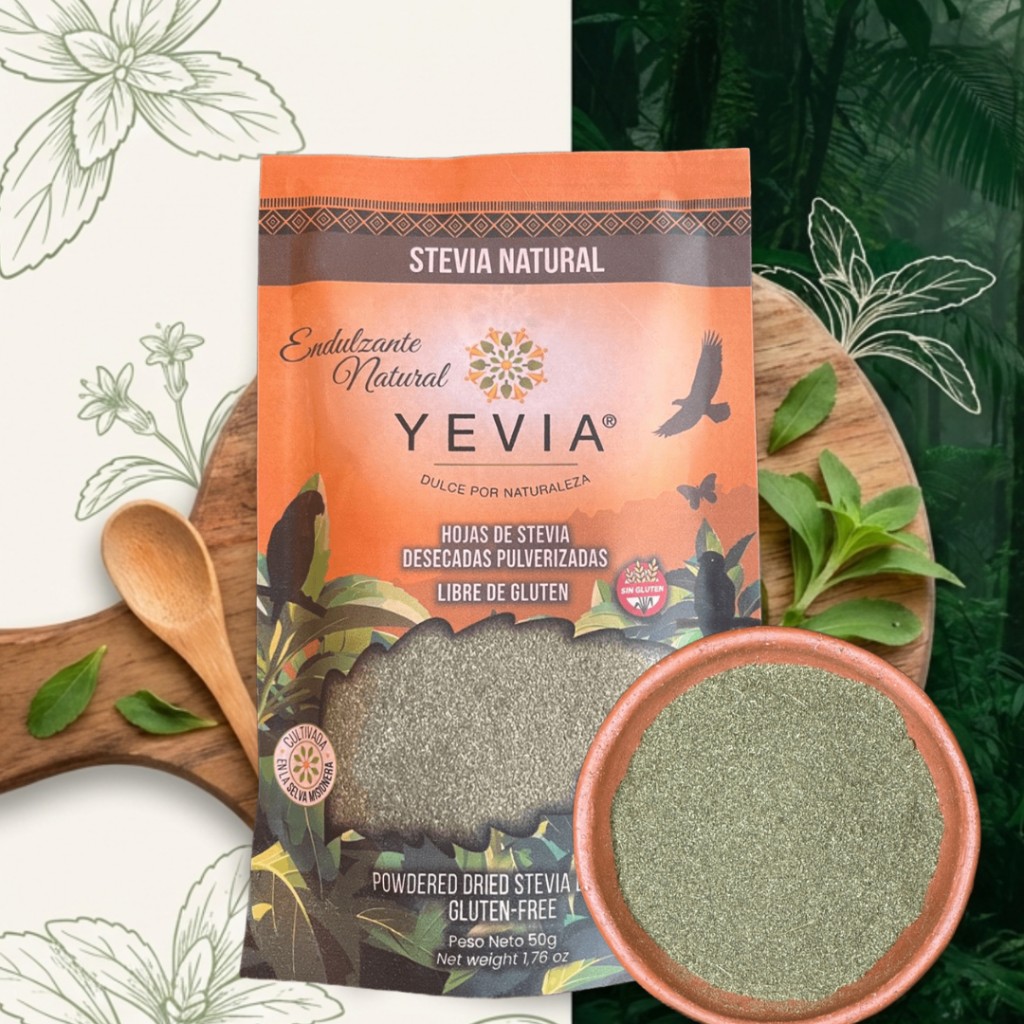 Stevia natural en polvo YEVIA (hoja pulverizada) en doypack, junto a un bowl de stevia en polvo