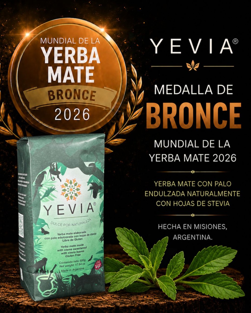 Medalla de bronce del Mundial de la Yerba Mate 2026 para la yerba mate con stevia YEVIA