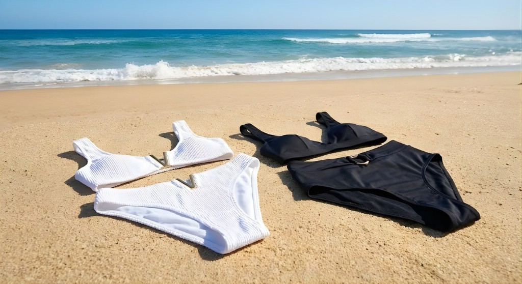Dois kits de biquini - um preto e um branco - abertos lado a lado sob a areia da praia, em um dia ensolarado.