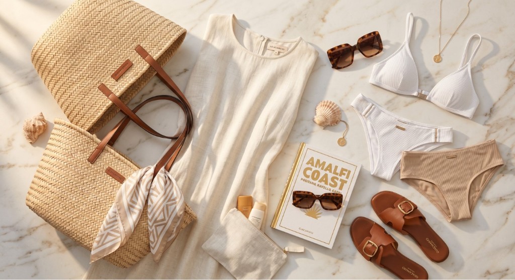 Mala de viagem para passar o verão na Europa, com biquínis, vestido, acessórios e bolsas.