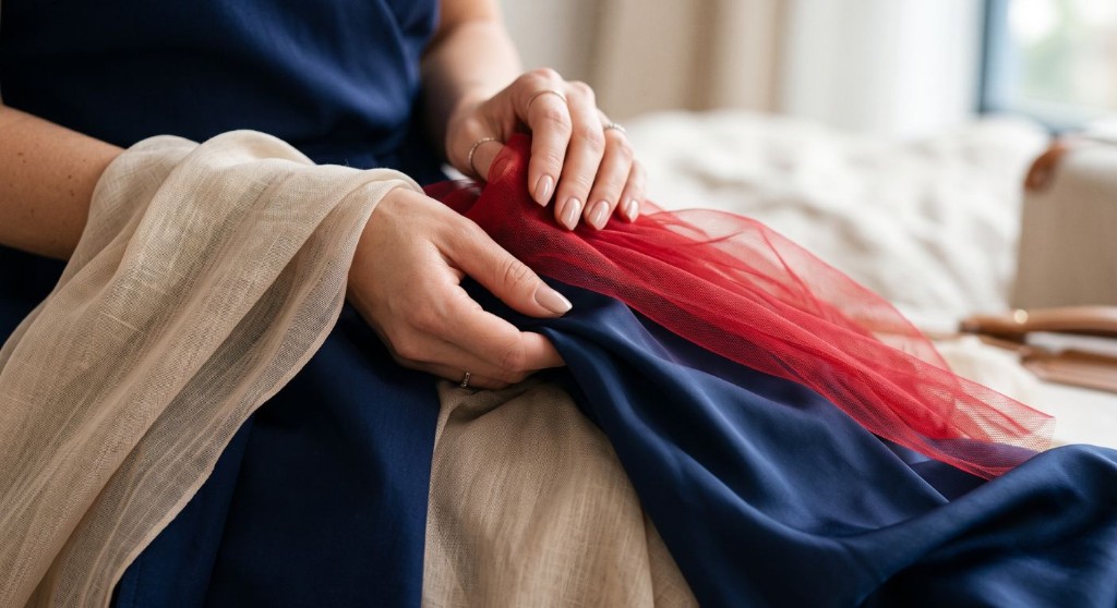 Tecidos premium femininos em destaque utilizados em roupas de viagem sofisticadas.