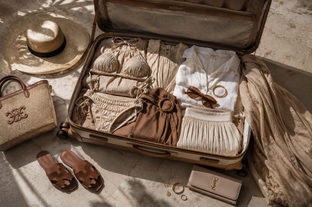 Mala sofisticada de viagem com biquínis premium, vestido fluido, camisa, saia, acessórios e peças coordenadas em uma estética editorial.