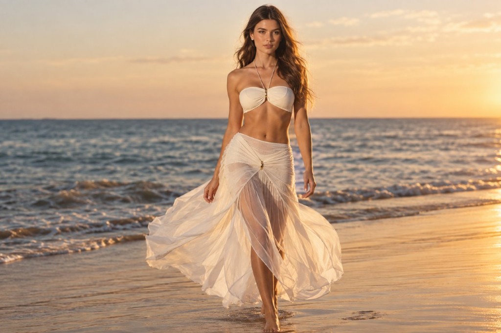 Saia de tule transparente usada sobre biquíni em fim de tarde, tendência de transparência do verão 2027