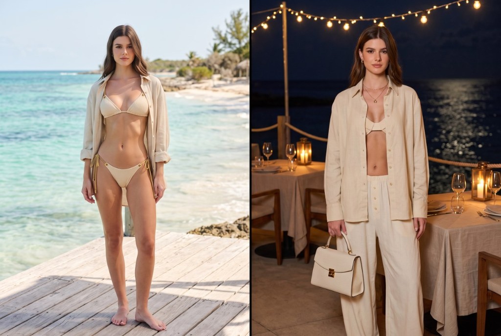 Comparação de um mesmo look de resortwear usado na praia durante o dia e no jantar à noite