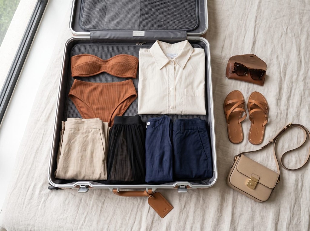 Flat lay com as sete peças essenciais de uma mala de resortwear 2027, incluindo biquínis, camisa e saia de tule