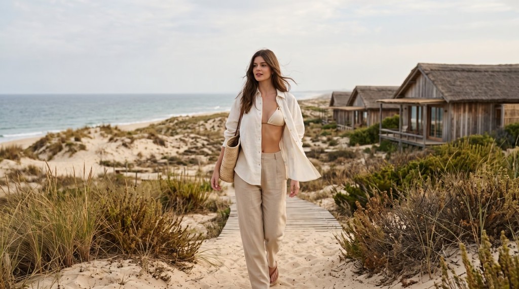 Produção minimalista de resortwear para Comporta com camisa leve, biquíni e tons neutros