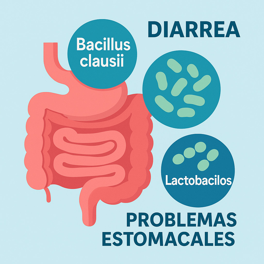 Imagen que hace referencia a cómo los lactobacilos y el bacillus clausii trabajan juntos para ayudar en la diarrea. 