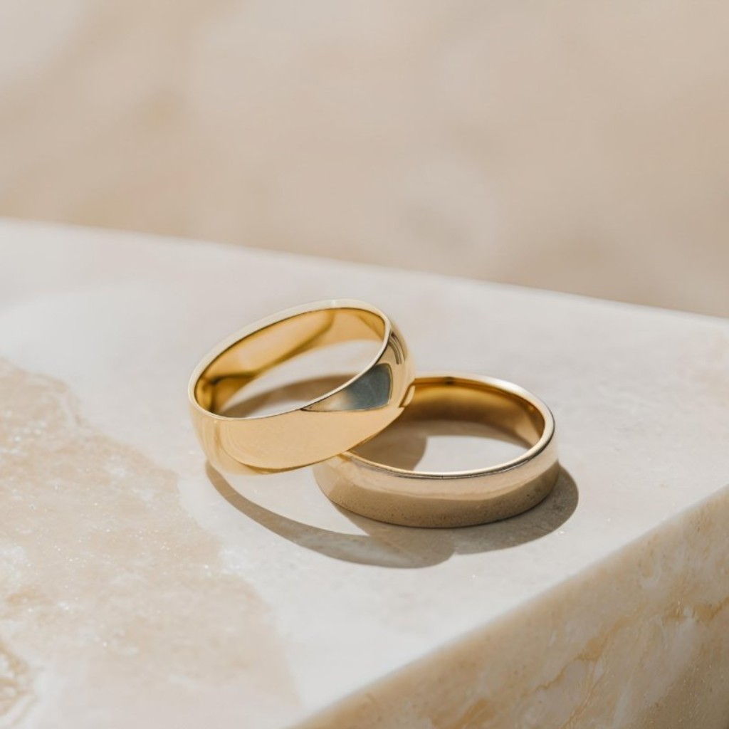 Duas alianças sobrepostas, em cima de uma bancada branca.