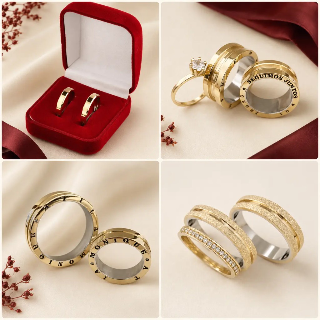 Colagem com diferentes modelos de alian&ccedil;as douradas, incluindo par de alian&ccedil;as simples, conjunto com anel solit&aacute;rio e alian&ccedil;as com aparador, representando amor, compromisso e celebra&ccedil;&atilde;o.
