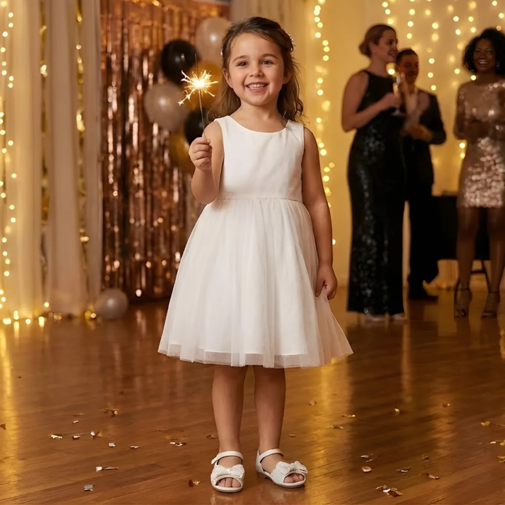 Crian&ccedil;a usando um vestido branco e sand&aacute;lia branca