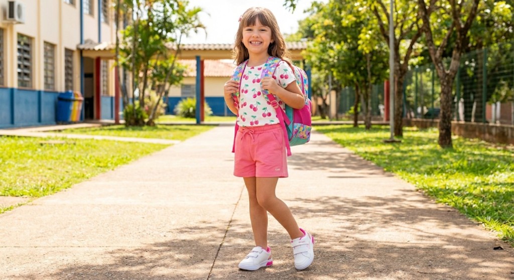 Menina com mochila e roupas leves para uso cotidiano em um ambiente escolar