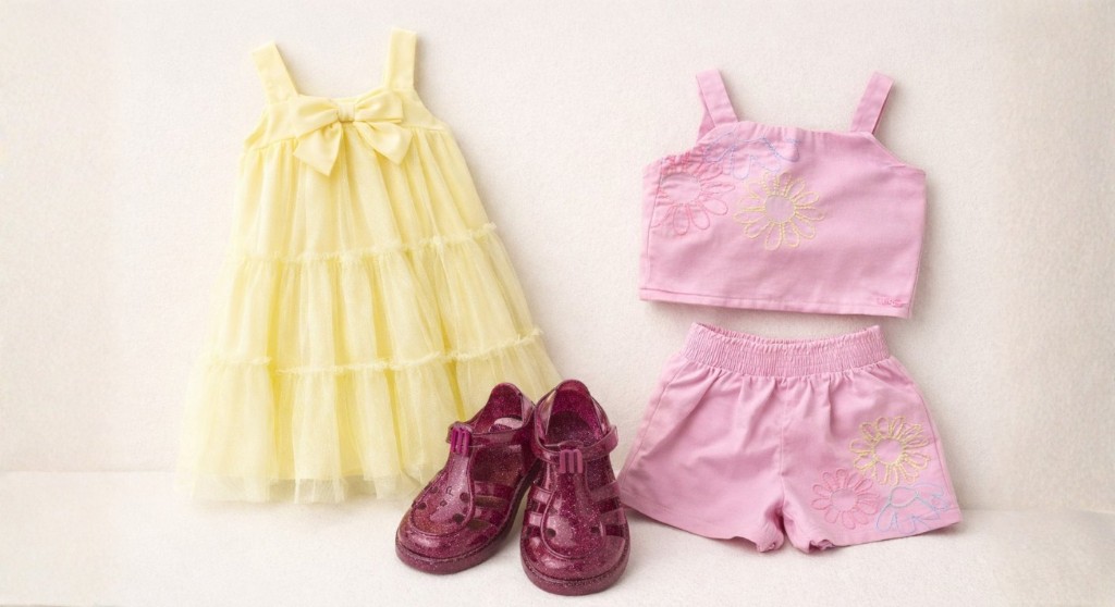 Roupas de moda infantil feminina: vestido amarelo, sapatilha vermelha e conjunto rosa em fundo neutro.