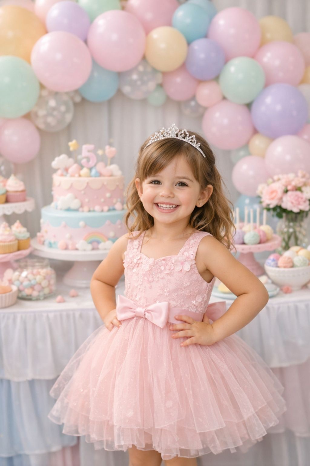 Mesa de bolo decorada com bal&otilde;es em tons past&eacute;is e uma menina sorrindo com um vestido de festa