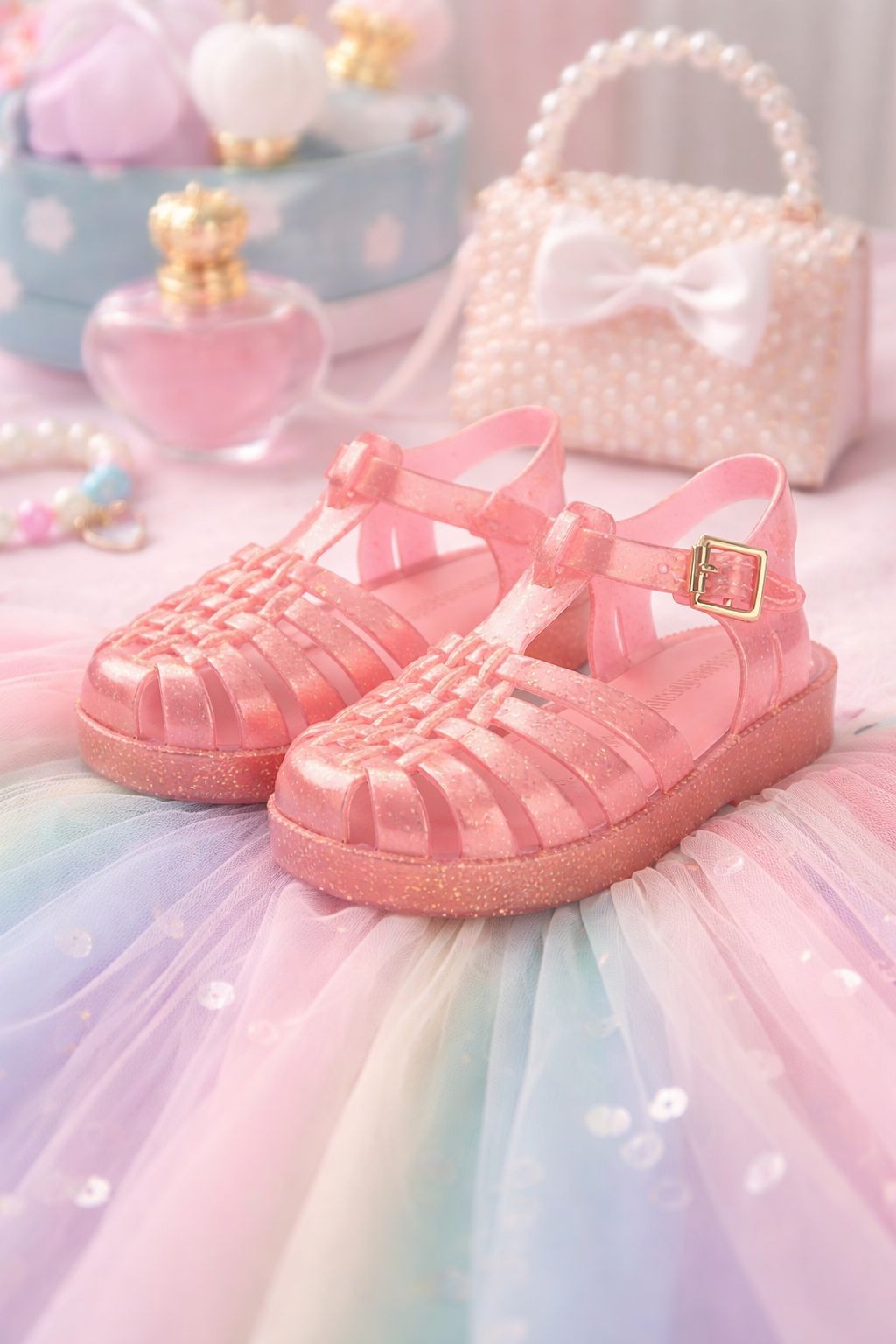 Detalhe de uma sand&aacute;lia infantil colorida compondo um look de festa.
