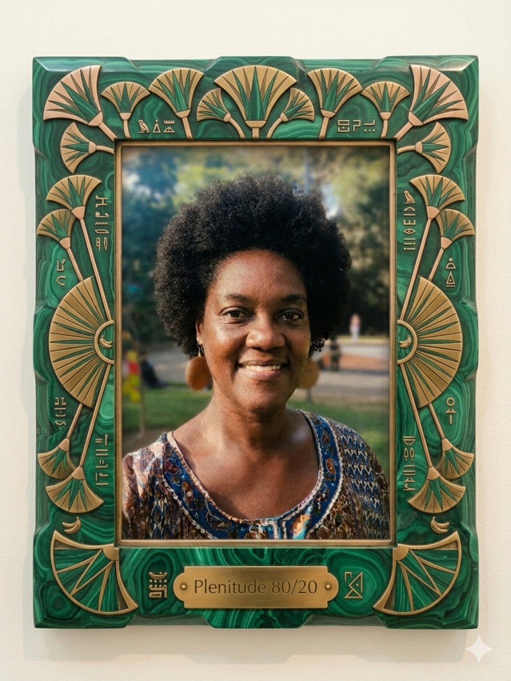 Fotografia de Vanessa Assis, mulher negra e pesquisadora sorrindo, inserida em uma moldura verde ornamental com detalhes dourados inspirados na estética egípcia antiga. Na base da moldura, destaca-se uma placa dourada com a inscrição Plenitude 80/20.